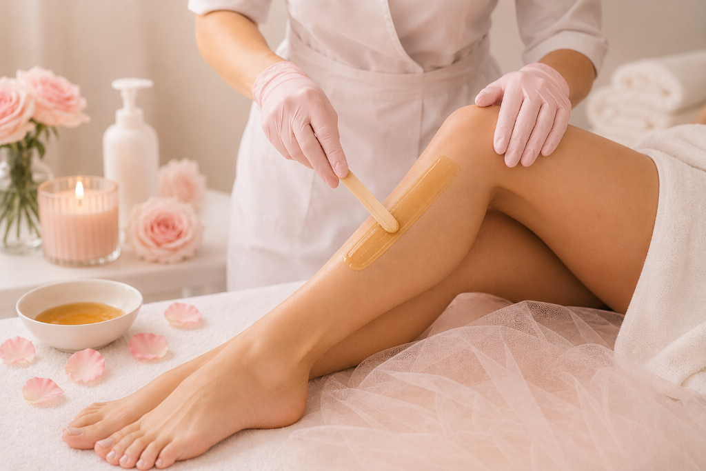 Professional waxing treatment with warm wax and pink roses