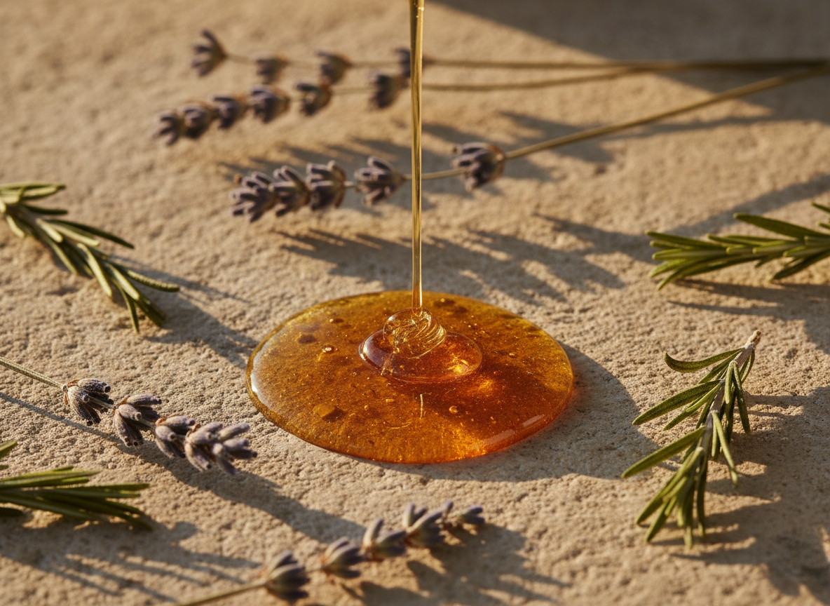 Golden botanical oils on warm Mediterranean limestone surface