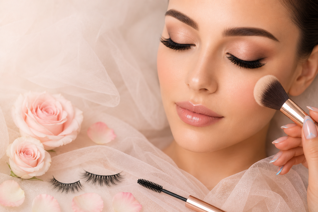 Makeup artist applying blush with roses and lashes nearby