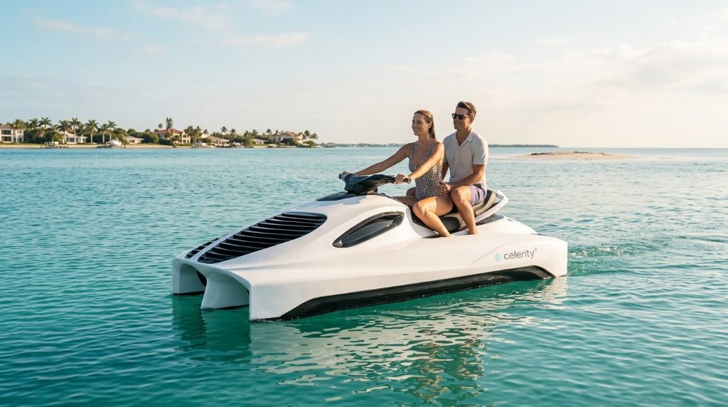 Couple riding Air Pulse One on calm open tropical water