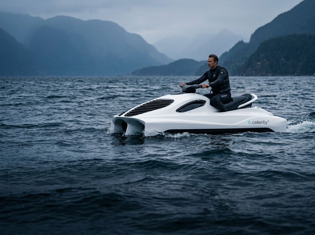 Rider on Celerity DACV watercraft in choppy coastal water with mountains in background