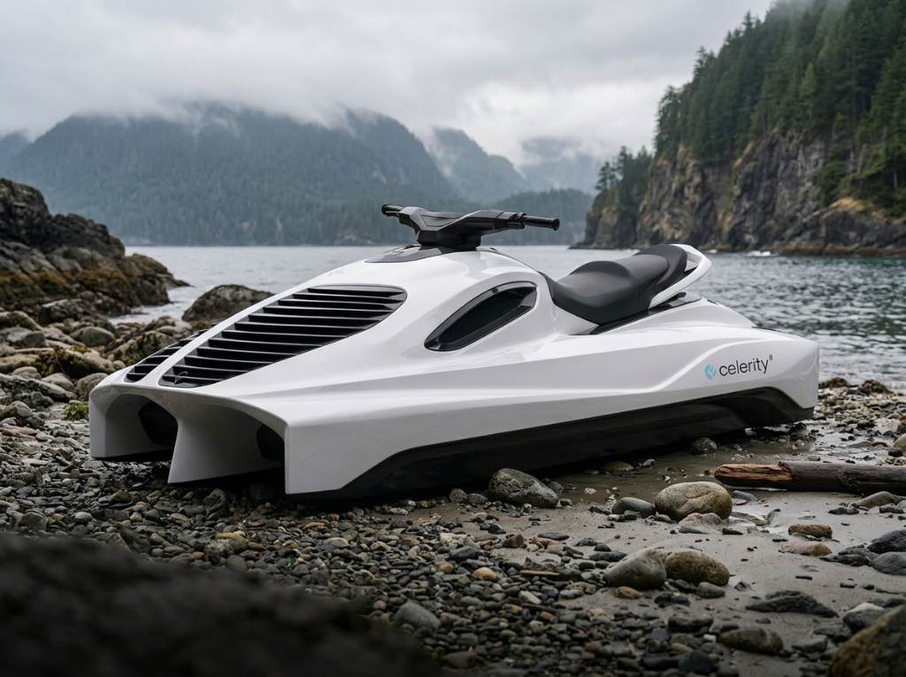 Celerity DACV watercraft resting on rocky shoreline with coastal mountains in background