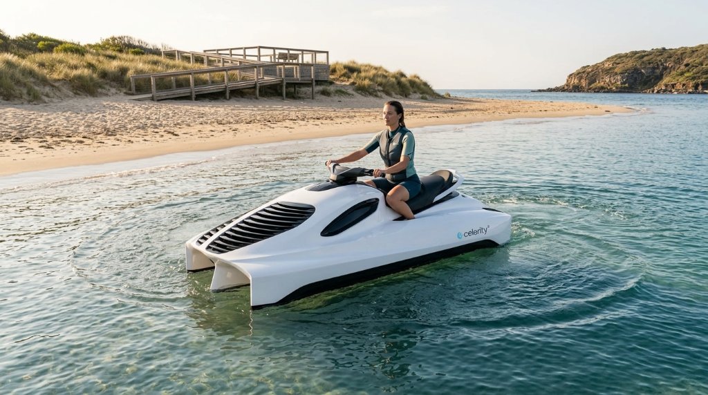 Air Pulse One riding near a dockless beach demonstrating low-speed manoeuvrability