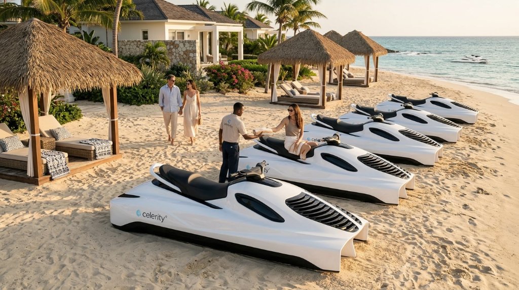 Fleet of Air Pulse One units parked on a resort beach with staff and guests