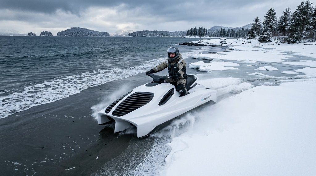 Rider on Air Pulse One transitioning from water onto a snowy coastal shoreline