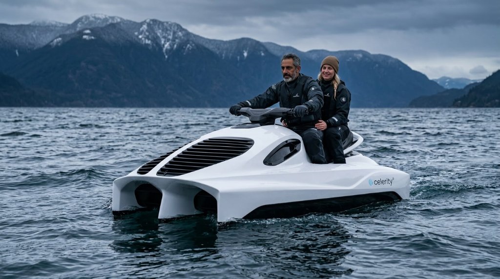 Couple riding Air Pulse One in choppy coastal water with mountains in background