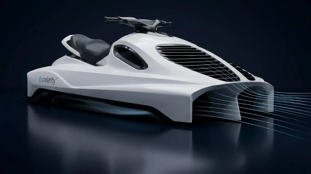 Celerity DACV watercraft with airflow lines showing efficient hull aerodynamics