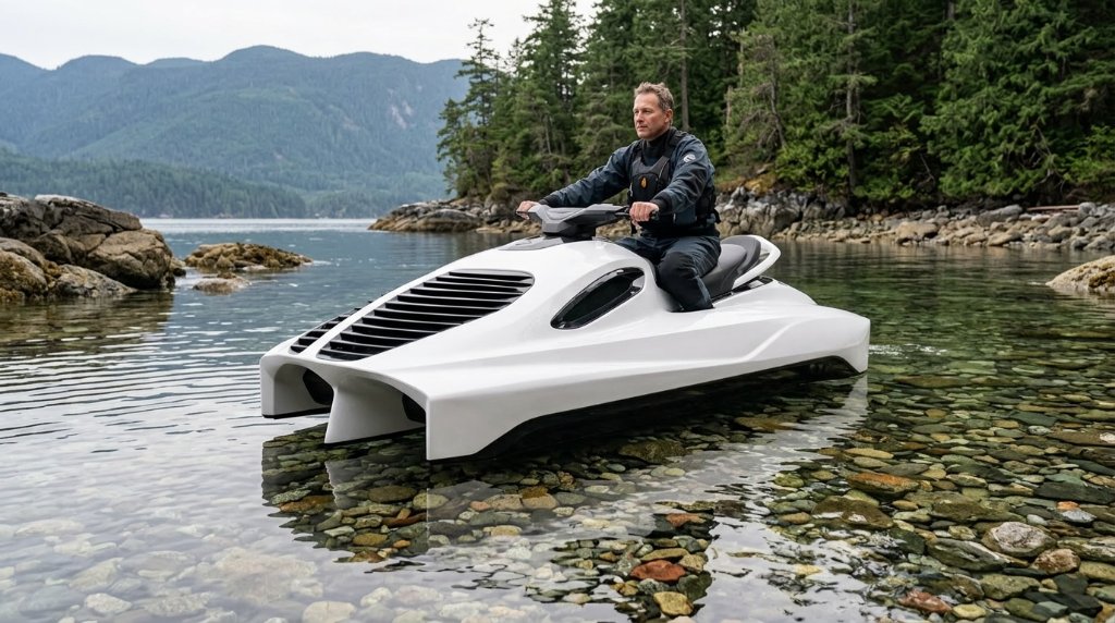 Rider on Air Pulse One in clear shallow rocky water near a forested shoreline