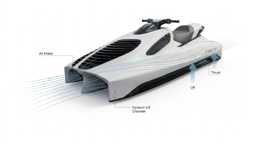 Technical side profile of DACV hull showing air intake geometry
