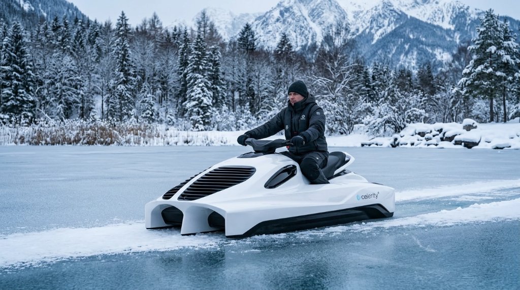 Rider on Air Pulse One navigating a frozen lake surrounded by snow-covered trees