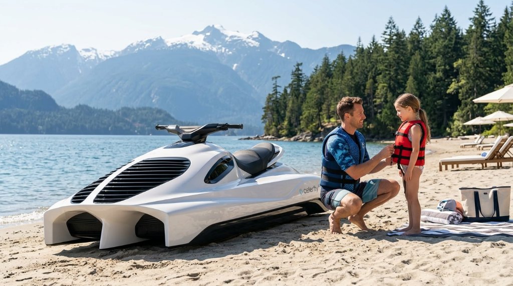 Father and child preparing to ride Air Pulse One on a sandy beach with mountains