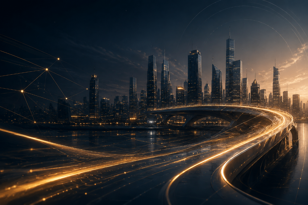 Futuristic business city at golden hour