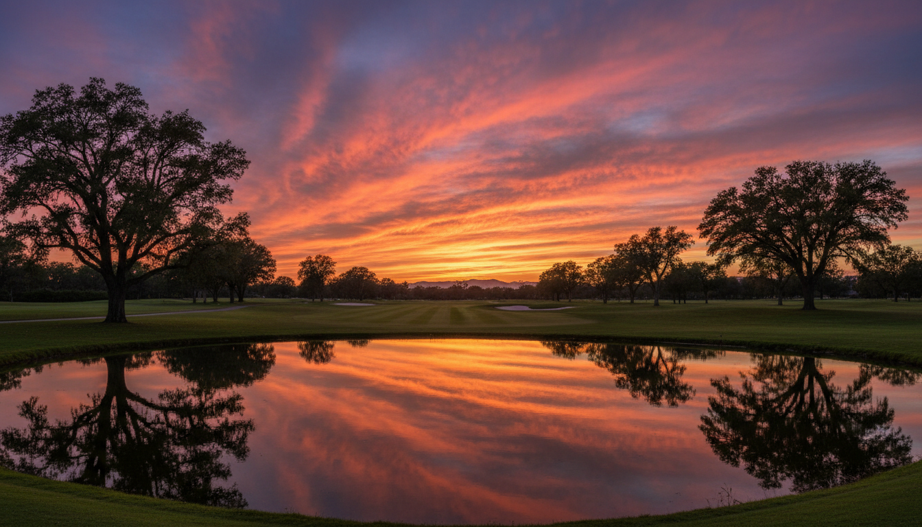 Golfplatz bei dramatischem Sonnenuntergang