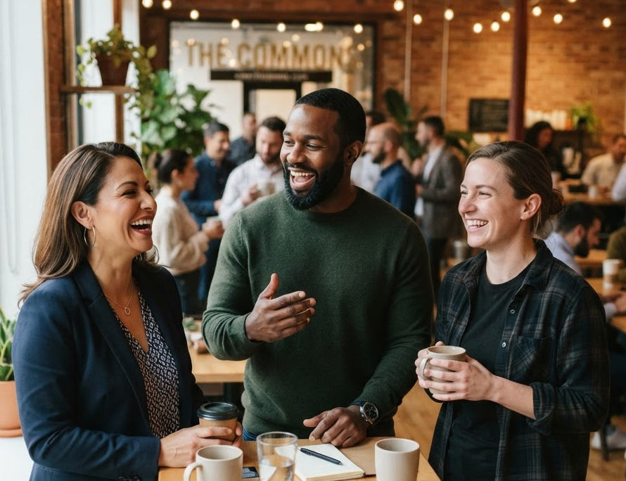 Local professionals connecting over coffee in a coworking space