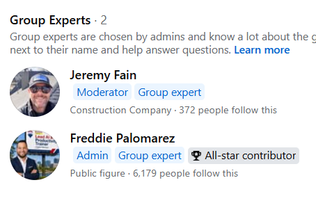 The Group Expert badge appears next to the partner's name, helping members recognize them as a trusted resource.