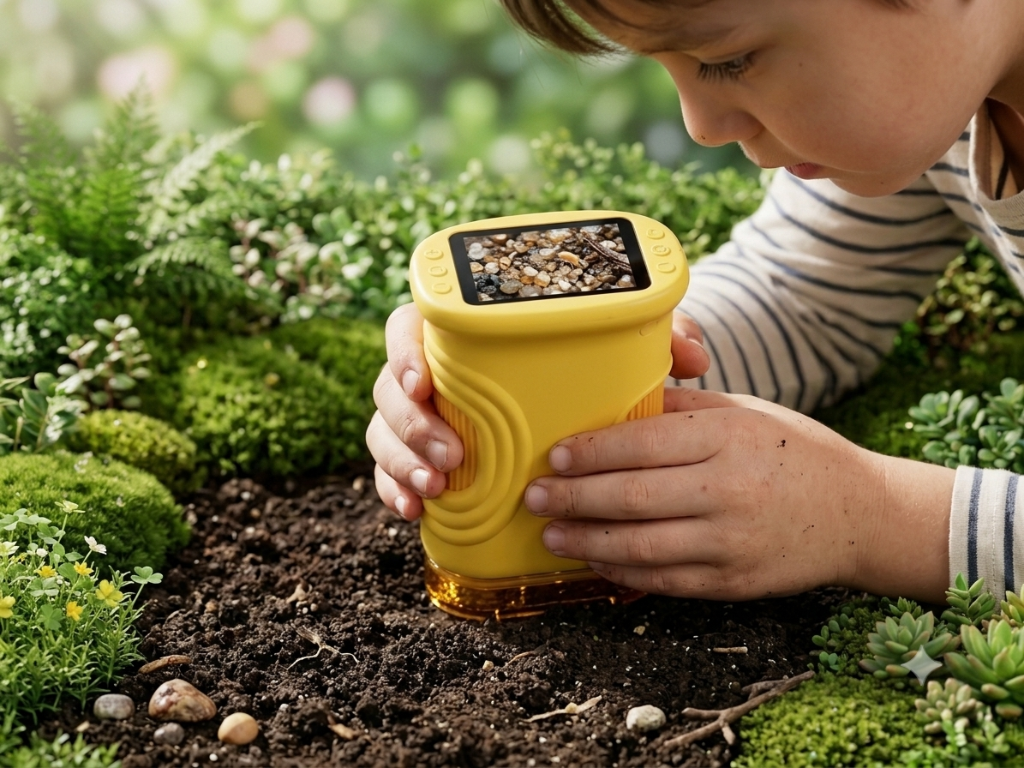 Child exploring with handheld microscope