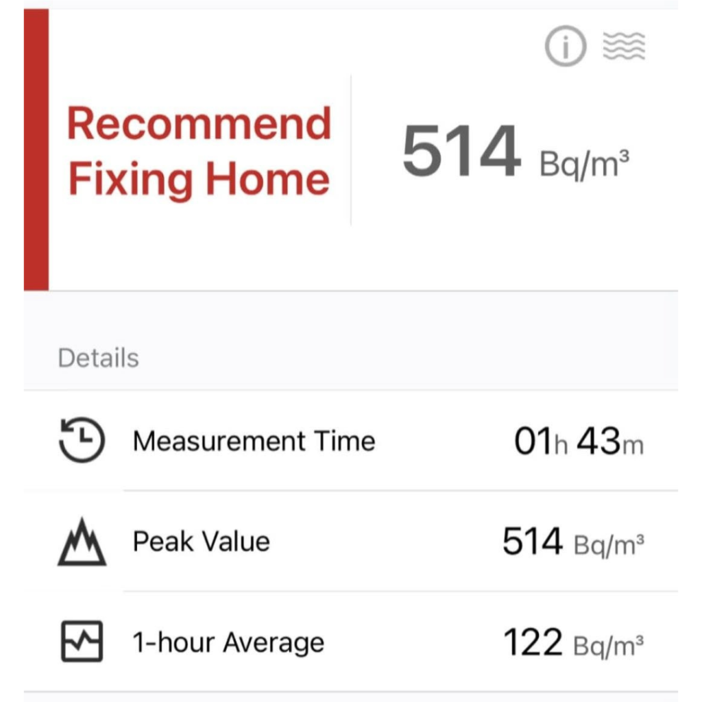 Pre-mitigation radon monitor screenshot showing elevated radon reading