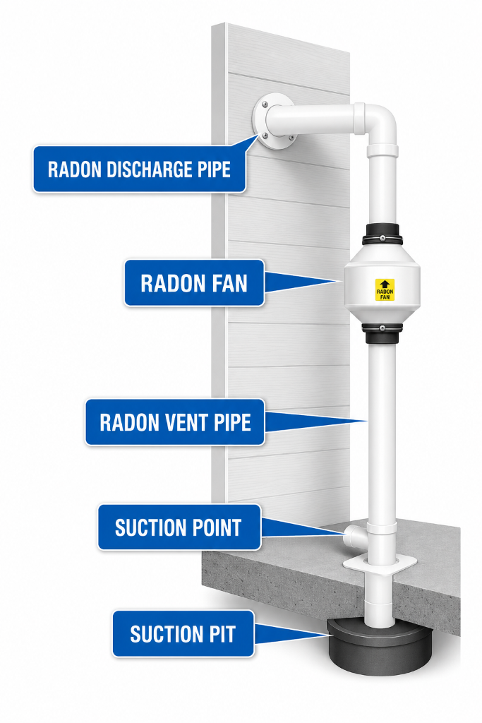 Illustrative diagram of a radon mitigation system showing the suction pit, suction point, radon vent pipe, radon fan, and radon discharge pipe