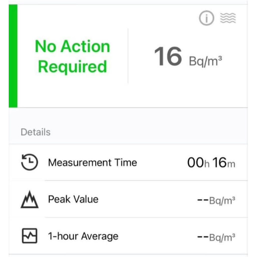 Post-mitigation radon monitor screenshot showing low radon reading after mitigation
