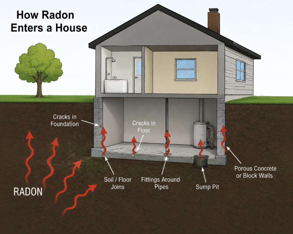 Illustration showing how radon can enter a home through foundation openings