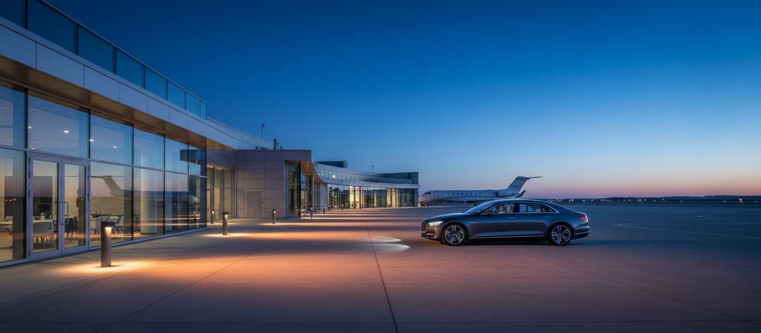 Private aviation terminal at dusk
