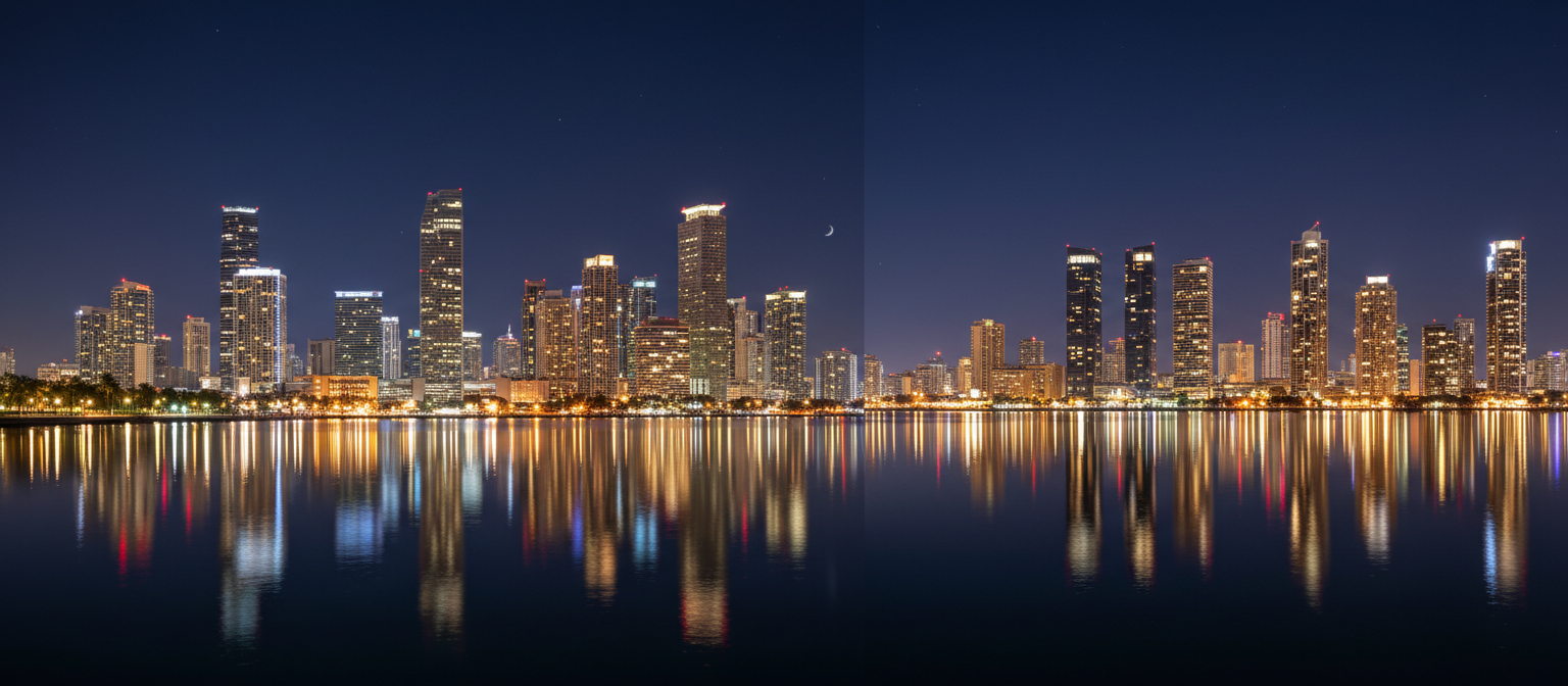Night skyline of Miami and Tel Aviv