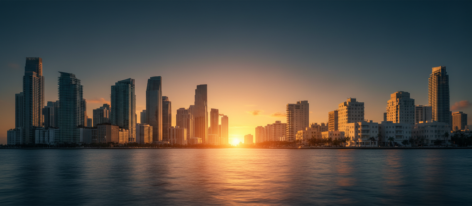 Miami and Tel Aviv skylines at dusk connected by a shared golden horizon