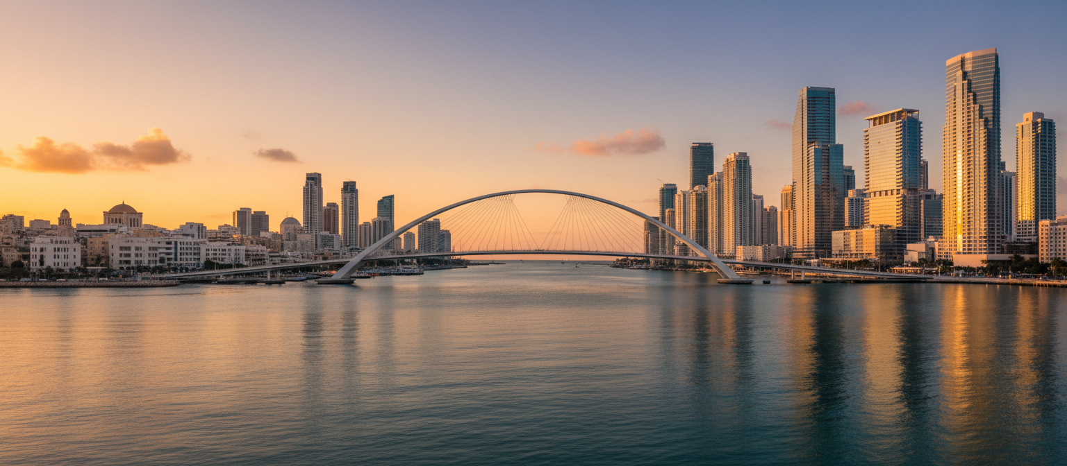 Bridge connecting Tel Aviv and Miami skylines — the signature visual of Gateway America Israel