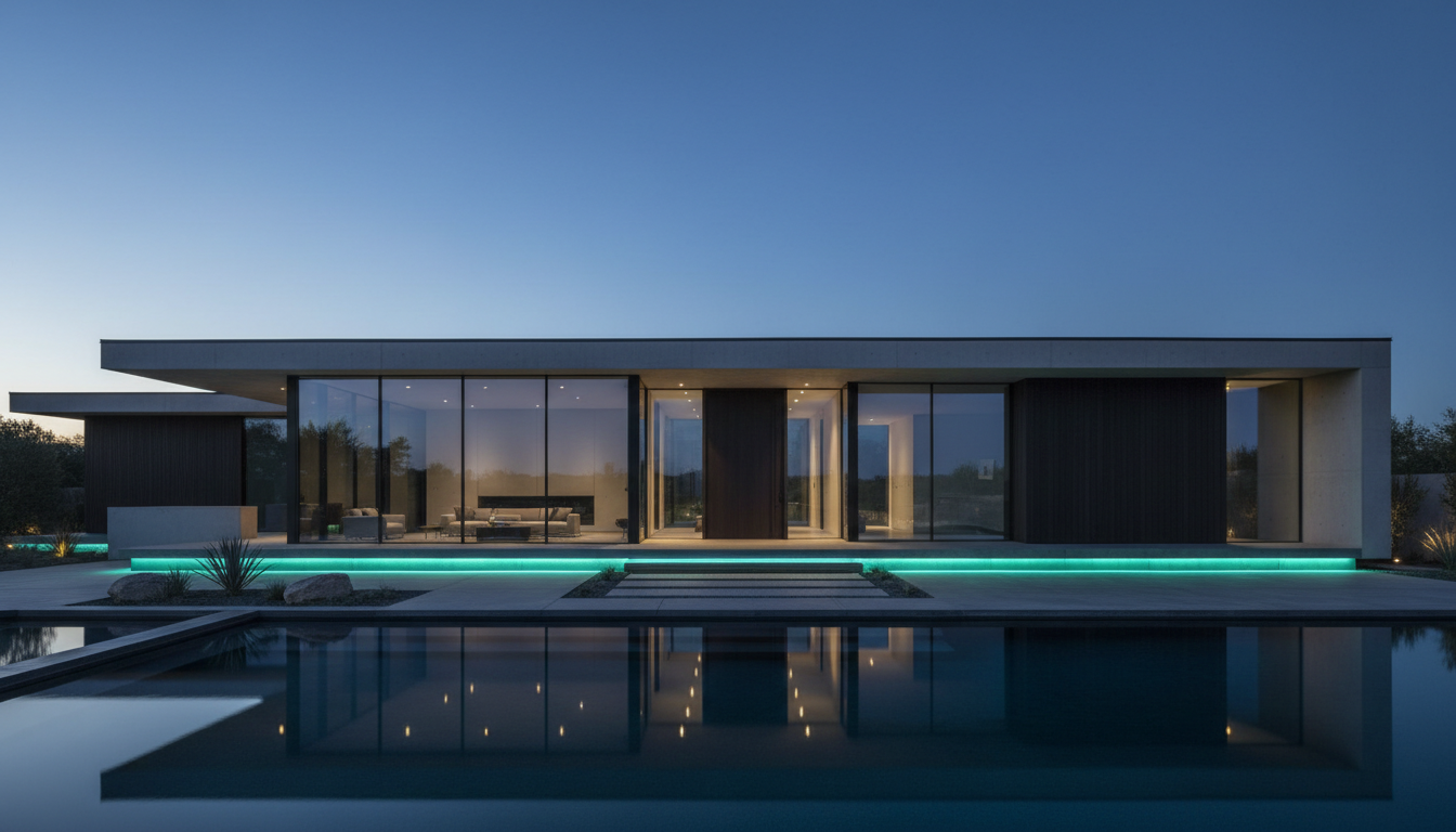 Protected modern home at dusk