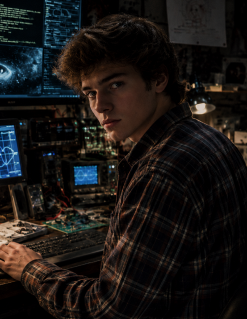 Noel, a teenage electronics prodigy surrounded by holographic displays in a dark laboratory