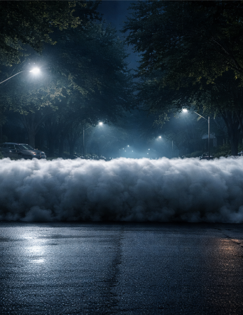 A swirling vortex of energy forming in a stormy night sky above a desolate suburban landscape