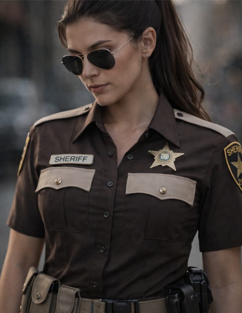 A determined female deputy sheriff in a dimly lit police station corridor