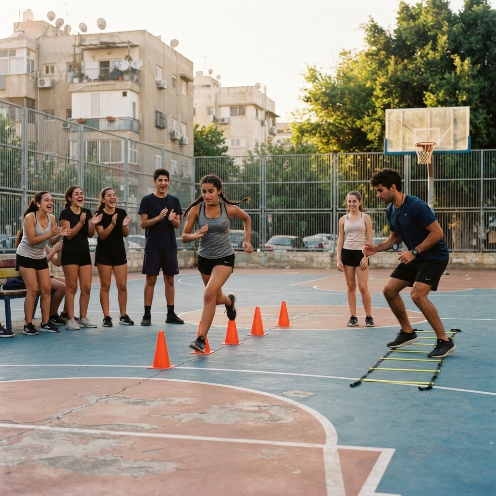 קבוצת בני ובנות נוער בגילי 15–16 באימון תחנות במגרש כדורסל שכונתי