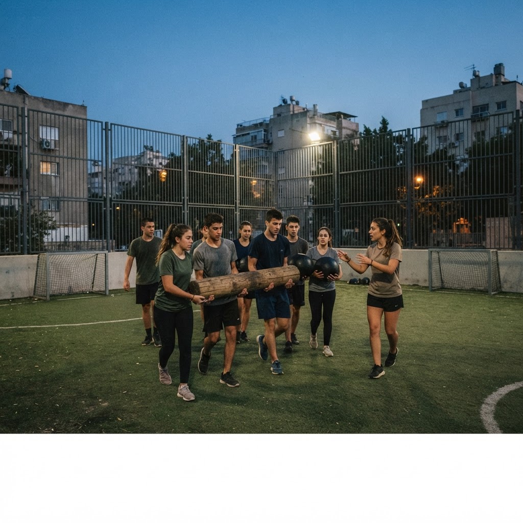 קבוצת בני ובנות נוער בגילי 17–18 באתגר כוח קבוצתי במגרש קט־רגל עירוני