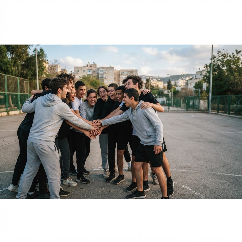 קבוצת בני ובנות נוער במעגל גיבוש לאחר פעילות משותפת