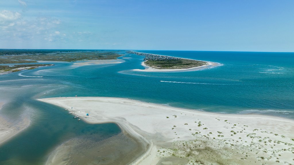 Aerial view of Topsail Island sandbars, marshes and turquoise waters
