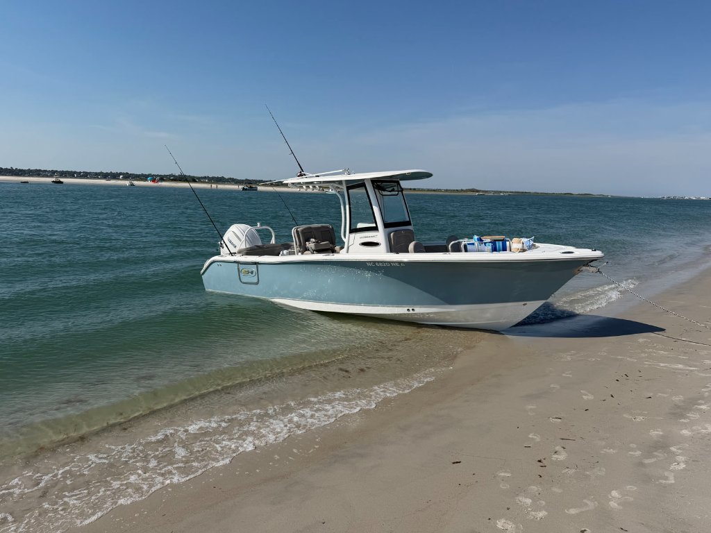 Blue and white center console boat beached on a sandy shore
