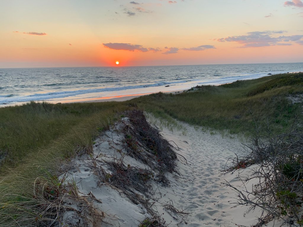 Coastal sunset over dunes with waves breaking along the shoreline