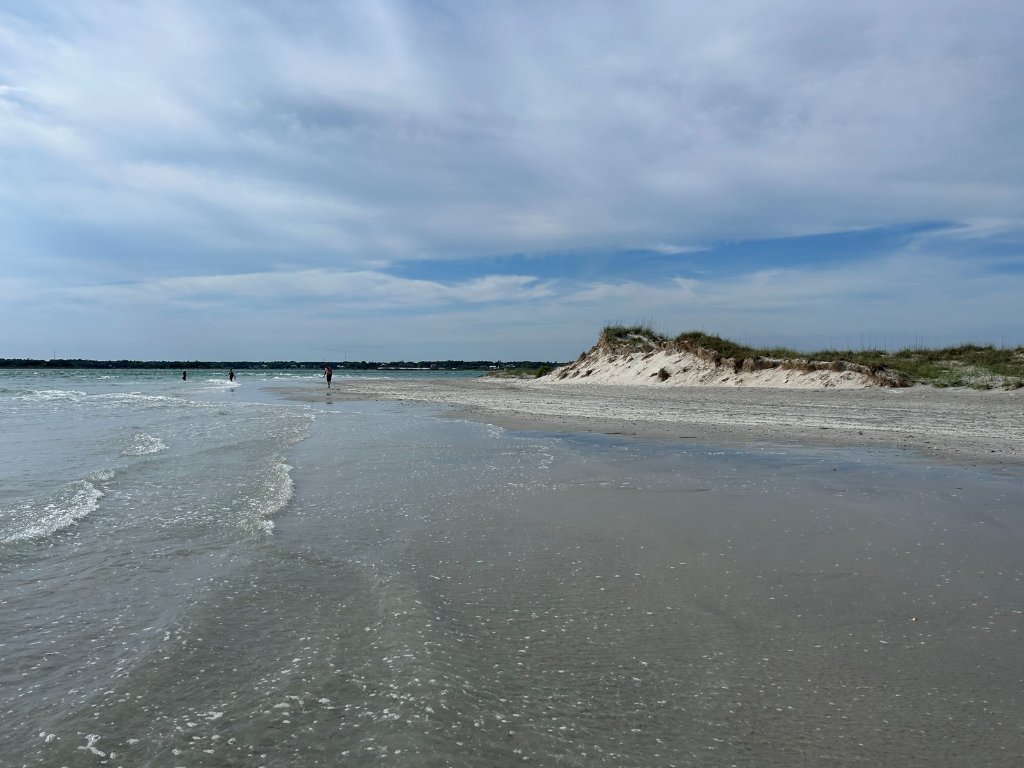 Aerial view of pristine white sand barrier island sandbars at low tide