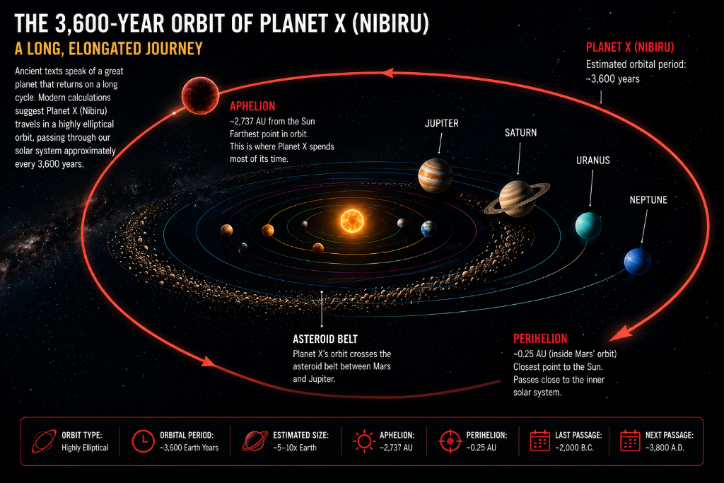The 3,600-year orbit of Planet X (Nibiru) — crossing the asteroid belt between Mars and Jupiter at perihelion.