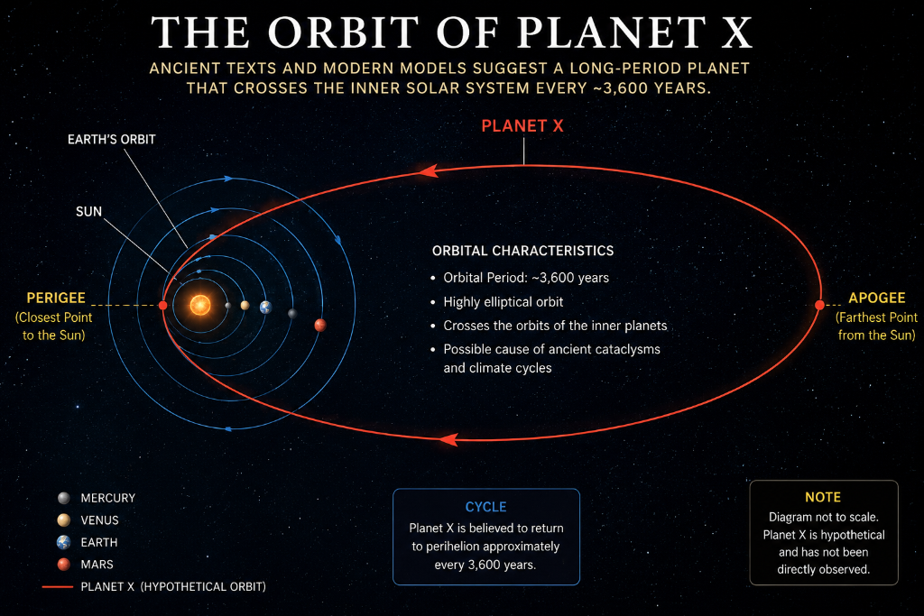The highly elliptical orbit of Planet X — a long-period body that crosses the inner solar system approximately every 3,600 years.