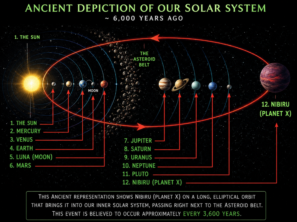 An ancient depiction of our solar system showing Nibiru (Planet X) as the 12th celestial body on a long elliptical orbit.