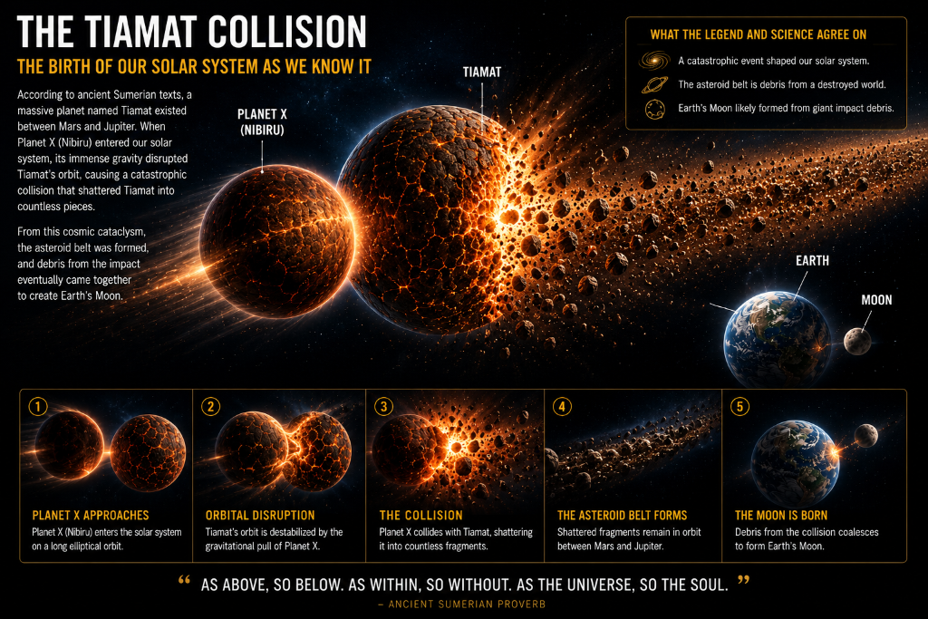 The Tiamat Collision — the Sumerian account of a catastrophic planetary impact that formed Earth and the asteroid belt.
