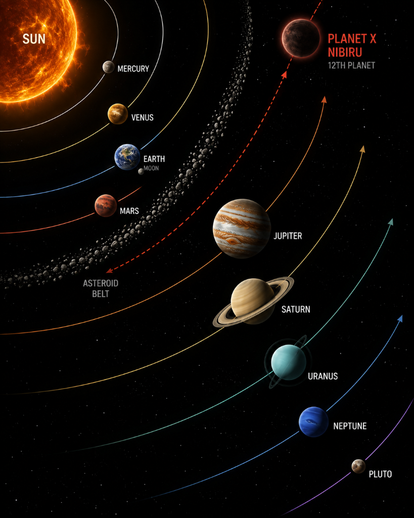 Planet X's path traced through the inner solar system, crossing the orbits of the known planets.