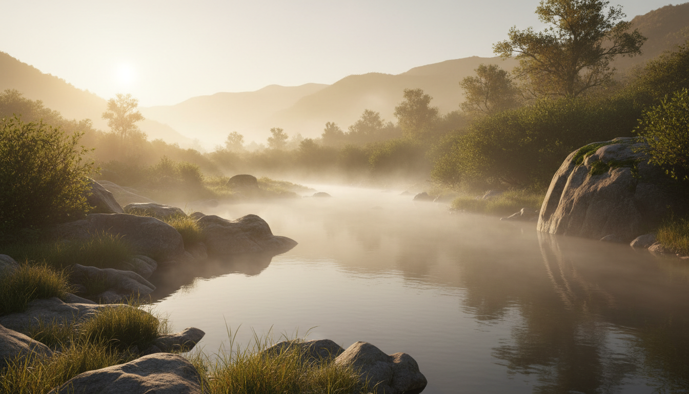 Misty mountain river at dawn