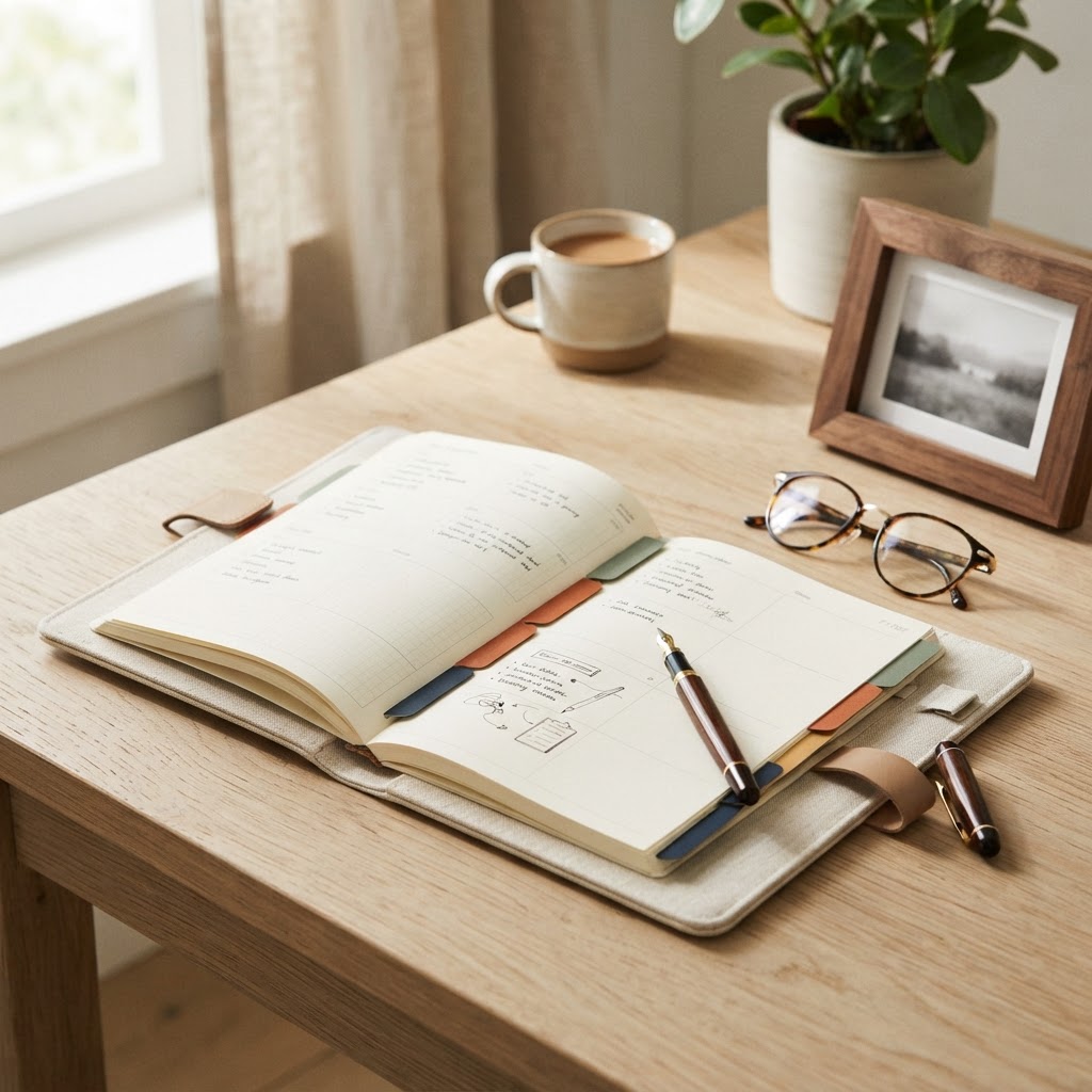 An open planning folio with coloured tabs on a sunlit table