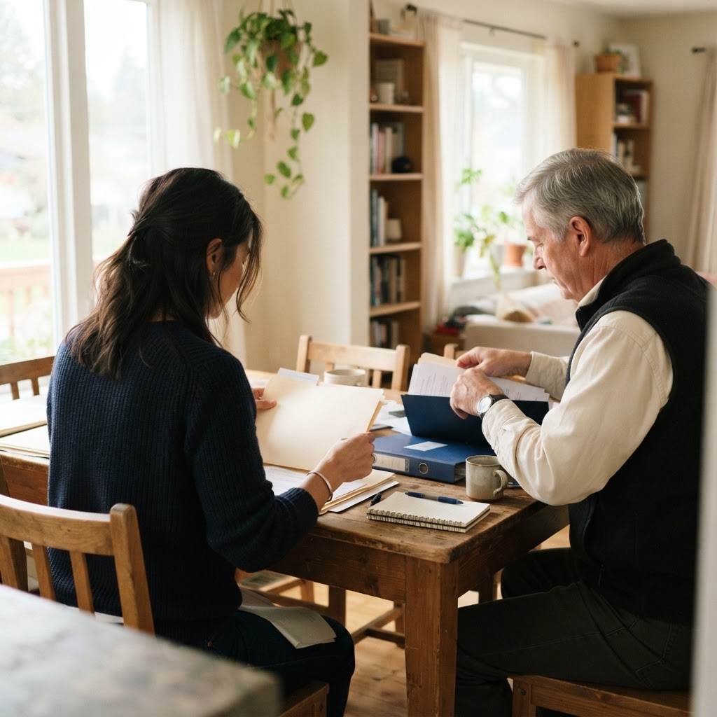 Family members quietly organizing papers at a table