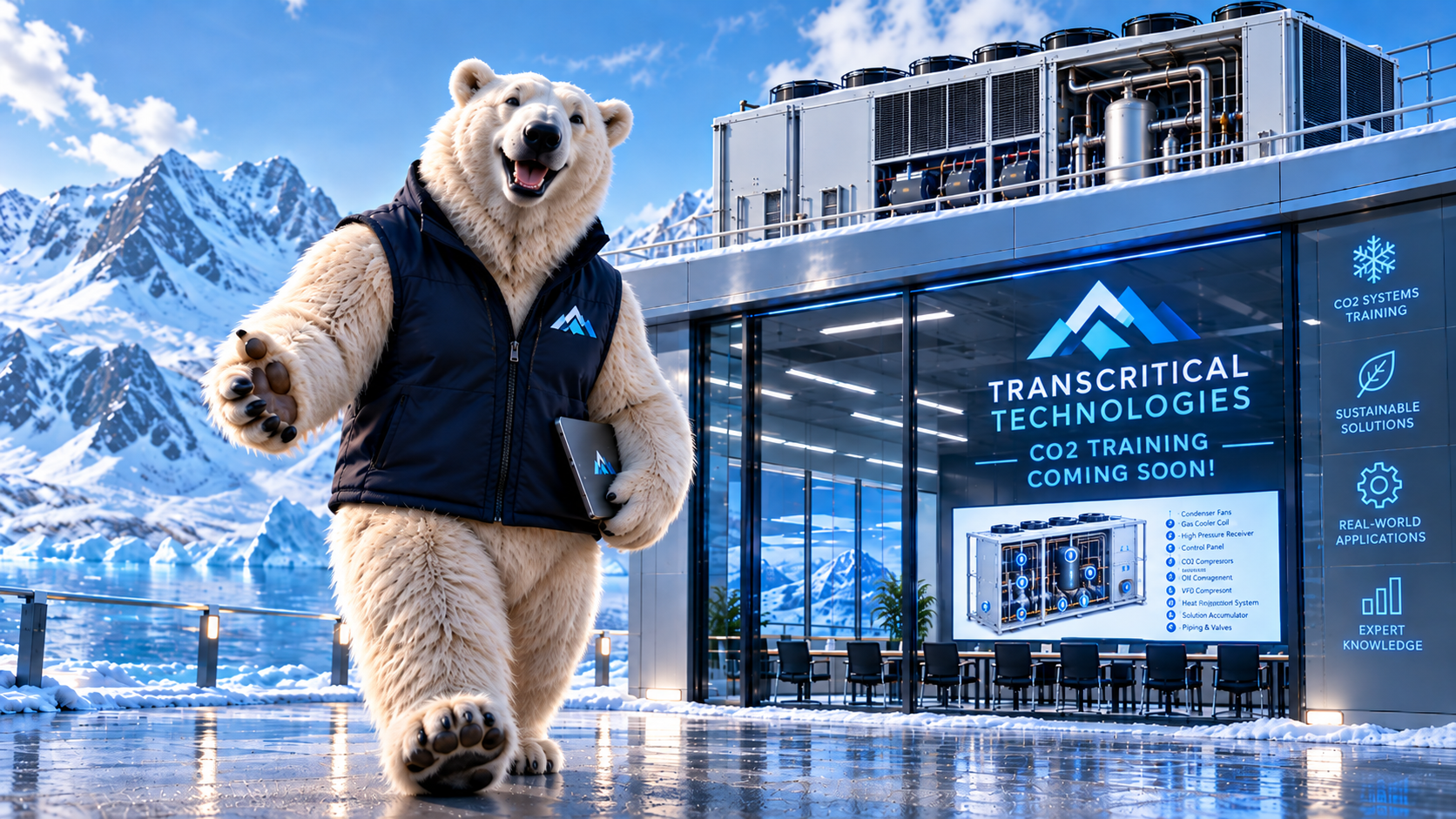 Transcritical Technologies CO2 Training — polar bear mascot welcoming visitors in front of the training facility