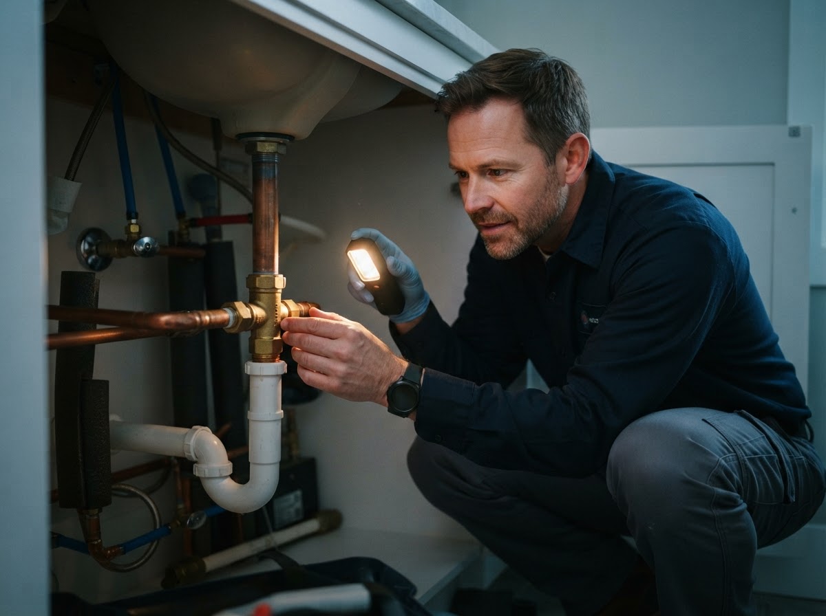 Plombier inspectant des tuyaux dans un local technique