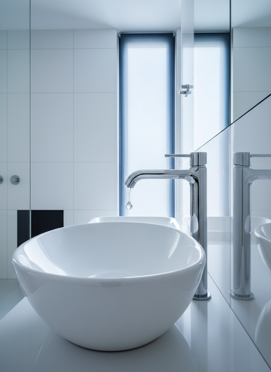 Premium chrome faucet with water droplet — precision plumbing